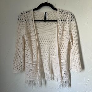 Y2K Cream Crochet Fringe Cardigan Absolutely Creative Size S Boho Cottage 90s